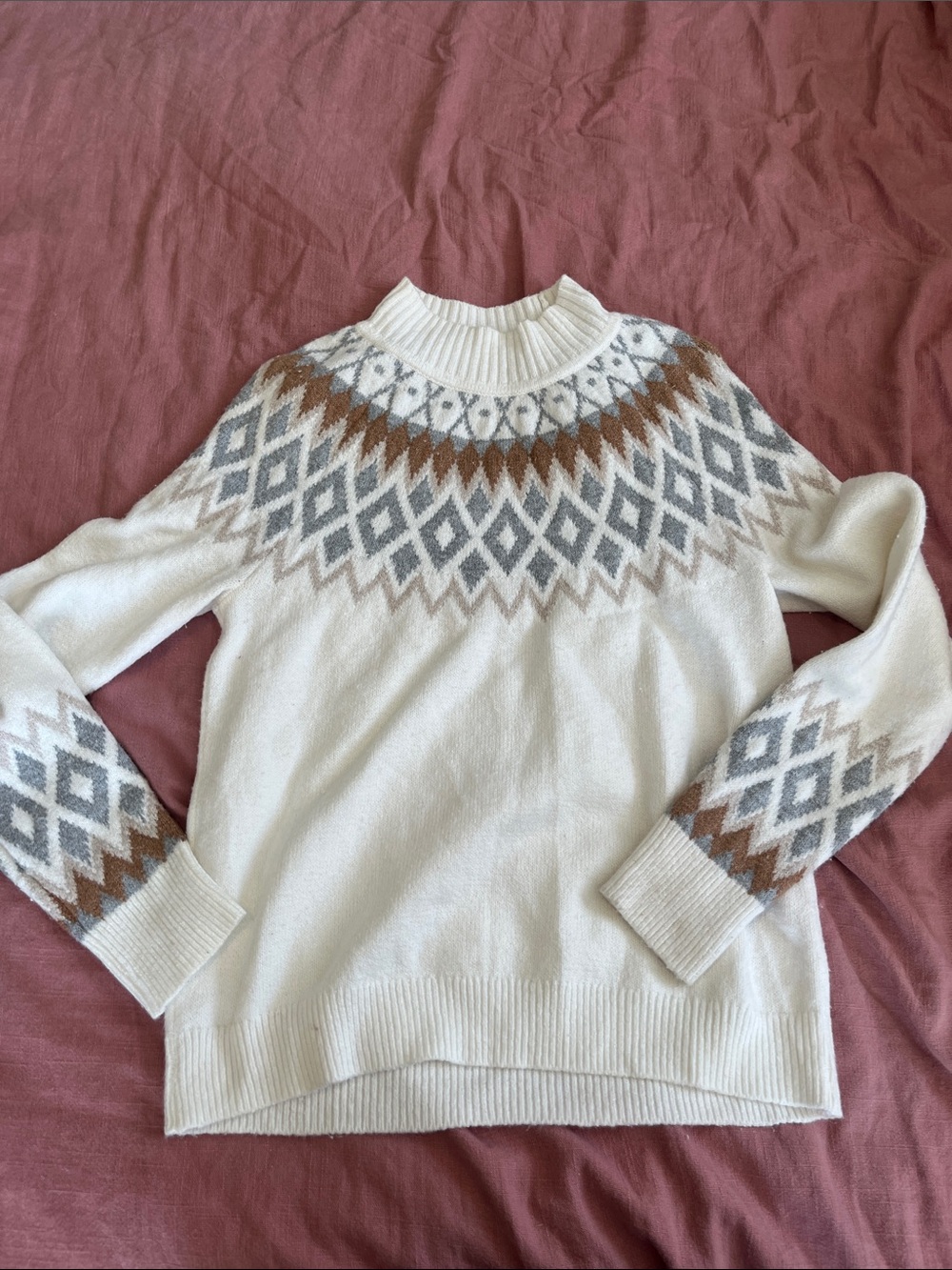 Cream Fair Isle Mock Neck Sweater with Gray and Brown Yoke